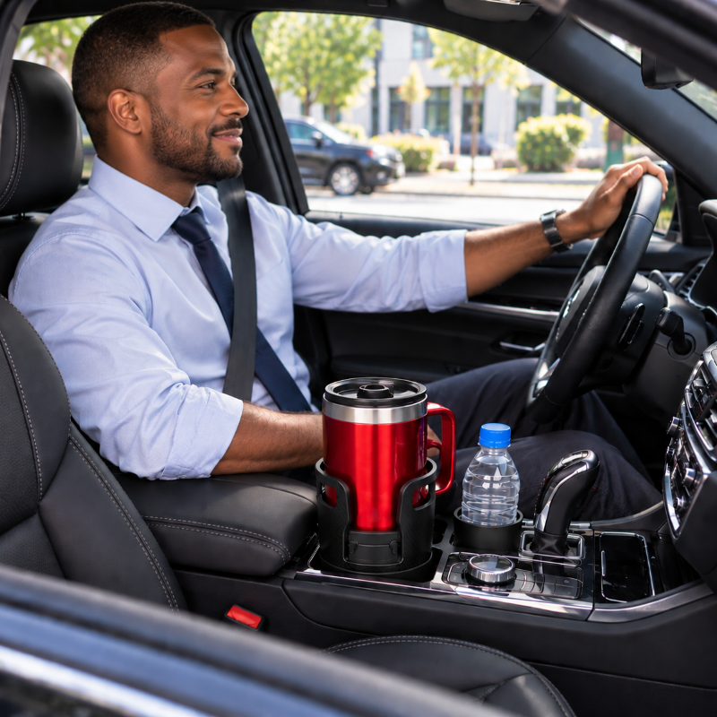 Porte gobelet voiture homme heureux avec mug à café rouge