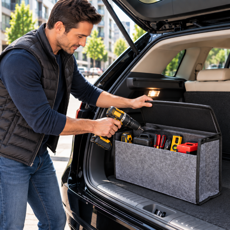 Rangement coffre voiture multi-usage rempli d'outils de bricolage et de matériel de dépannage
