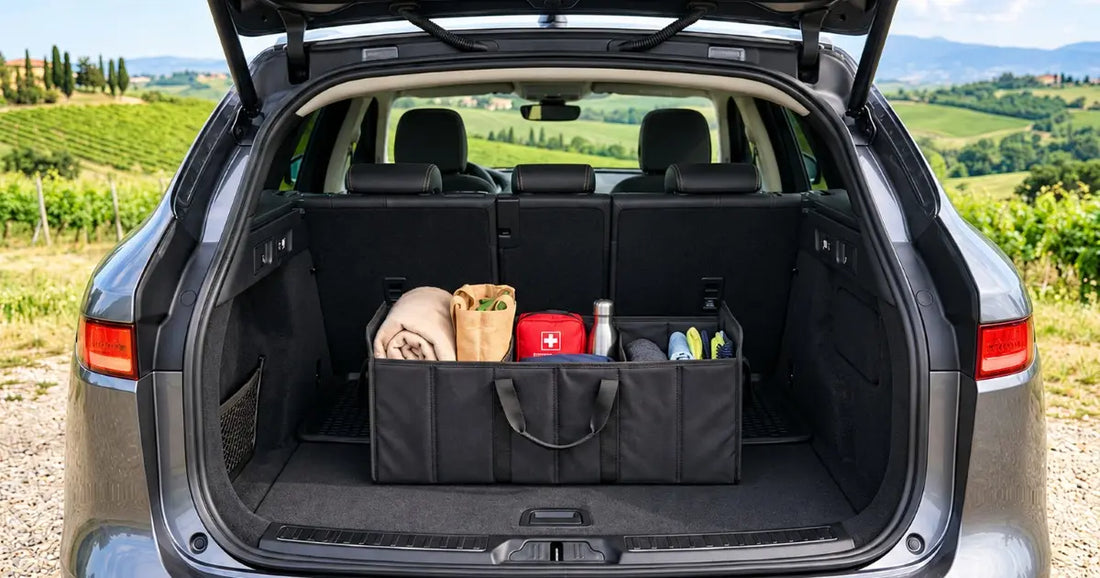 Rangement coffre voiture, coffre de suv organisé face aux vignes