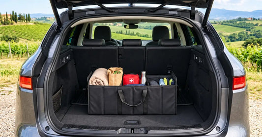 Rangement coffre voiture, coffre de suv organisé face aux vignes