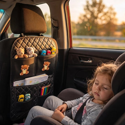 Organisateur de voiture enfant matelasé noir avec jouets, livres, crayons enfant