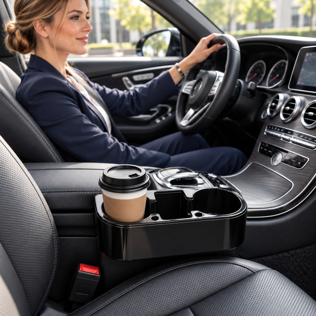 Porte gobelet voiture femme souriante conduit une voiture