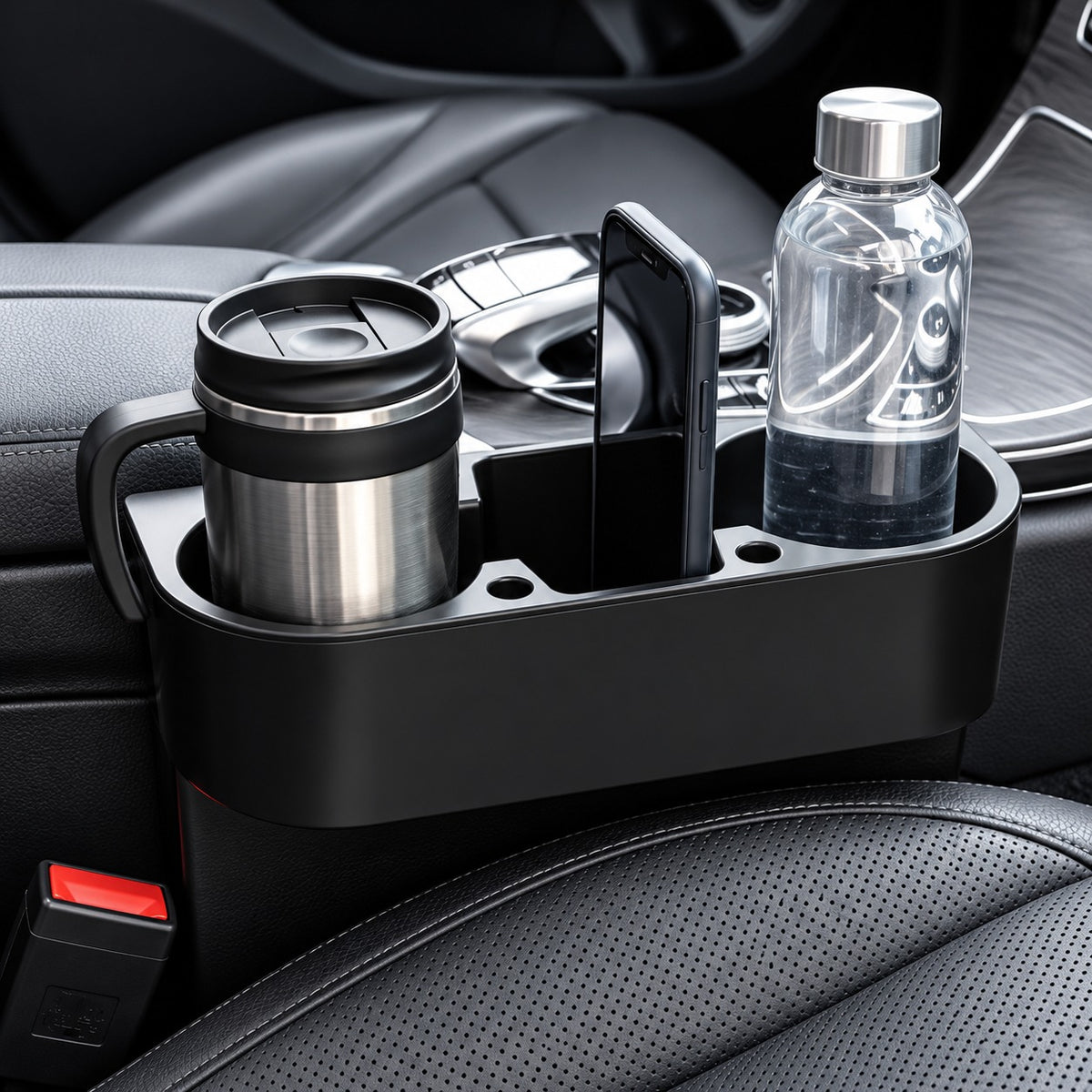 Porte gobelet voiture noir double ouverture pour contenant rond avec rangement au centre