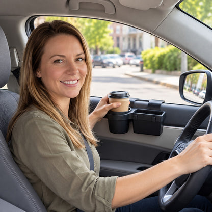 Porte gobelet femme au volant dépose café