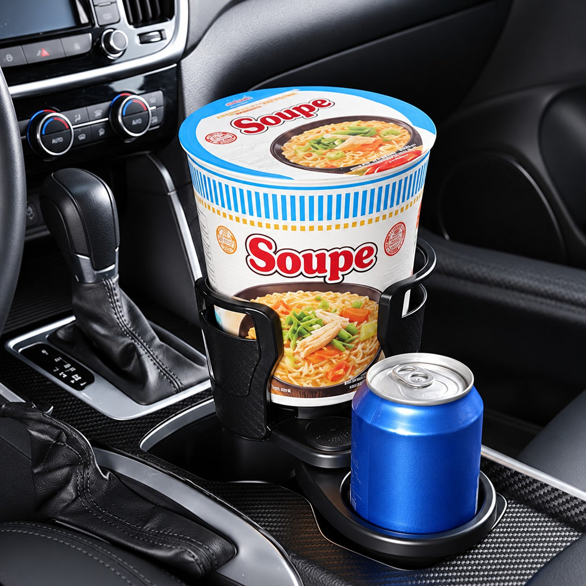 Porte gobelet voiture avec soupe et cannette aluminium