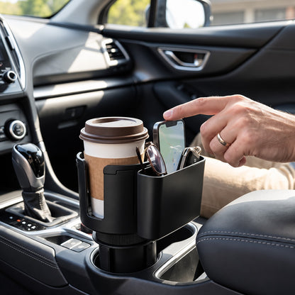 Porte gobelet voiture spacieux et pratique avec petite boite rangement lunette et téléphone
