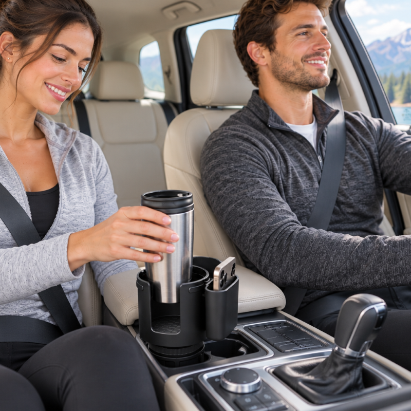 Porte gobelet voiture utilitaire femme dépose café et son téléphone homme conduit en montagne