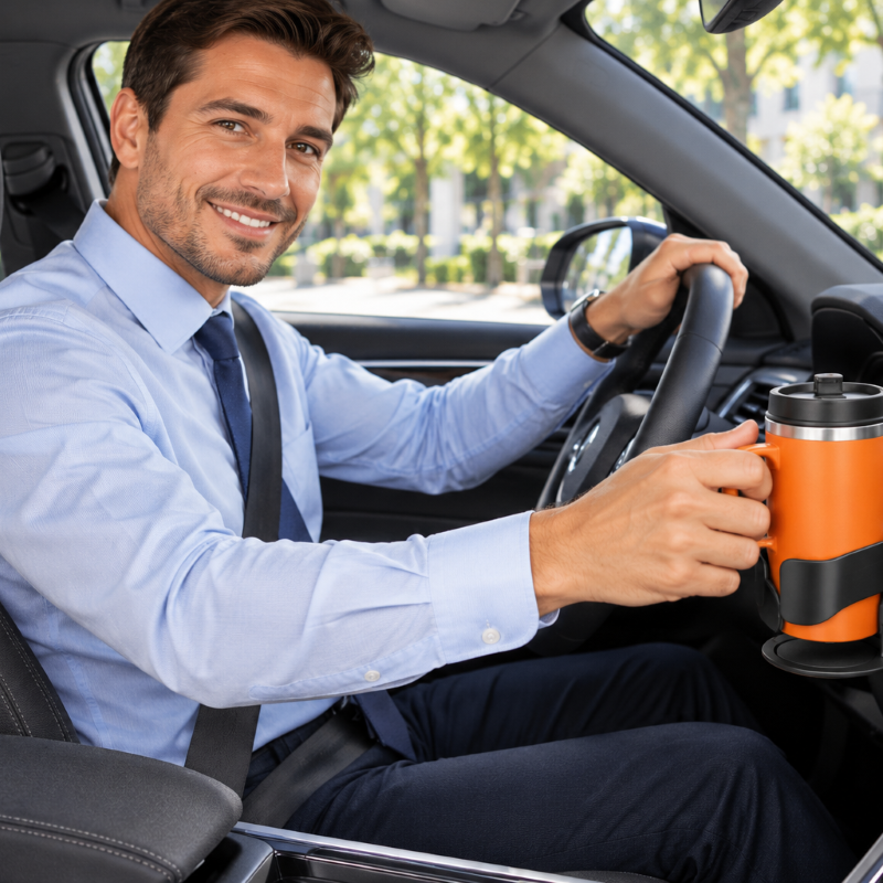 Porte gobelet voiture homme souriant soulève mug à café