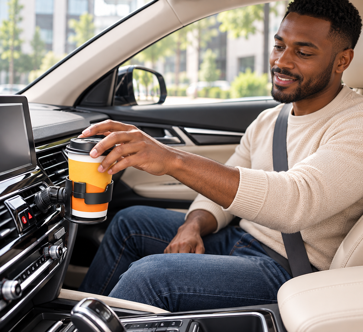 Porte gobelet voiture homme décontracté atteint son café avec la main