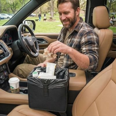 Poubelle de voiture homme utilise pour déchet repas