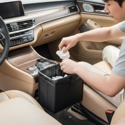Poubelle de voiture homme utilise la poubelle dans une mini fourgonnette