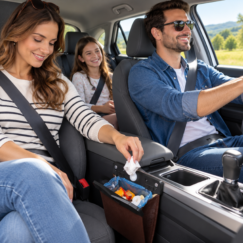 Poubelle de voiture agréable accroché à la console centrale famille joyeuse en campagne