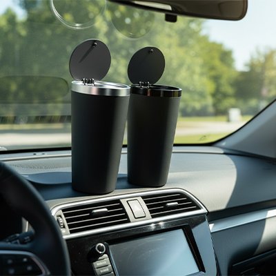Poubelle de voiture​ cylindrique similaire à une tasse à café 2 modèles de couvert noir et argent