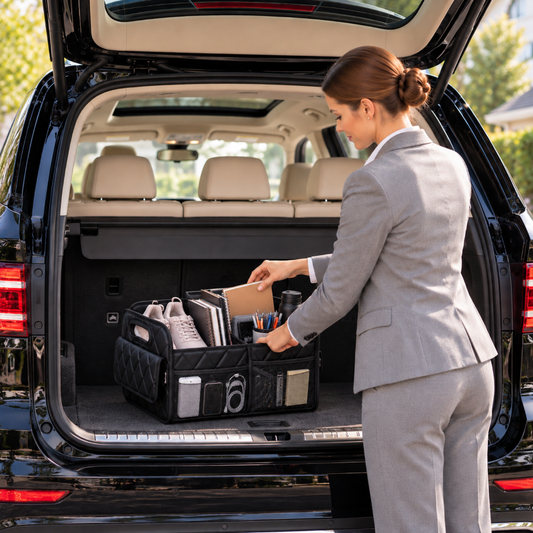 Rangement coffre voiture luxueux avec femme de carrière