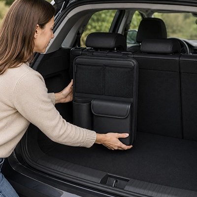 Rangement coffre voiture femme qui installe