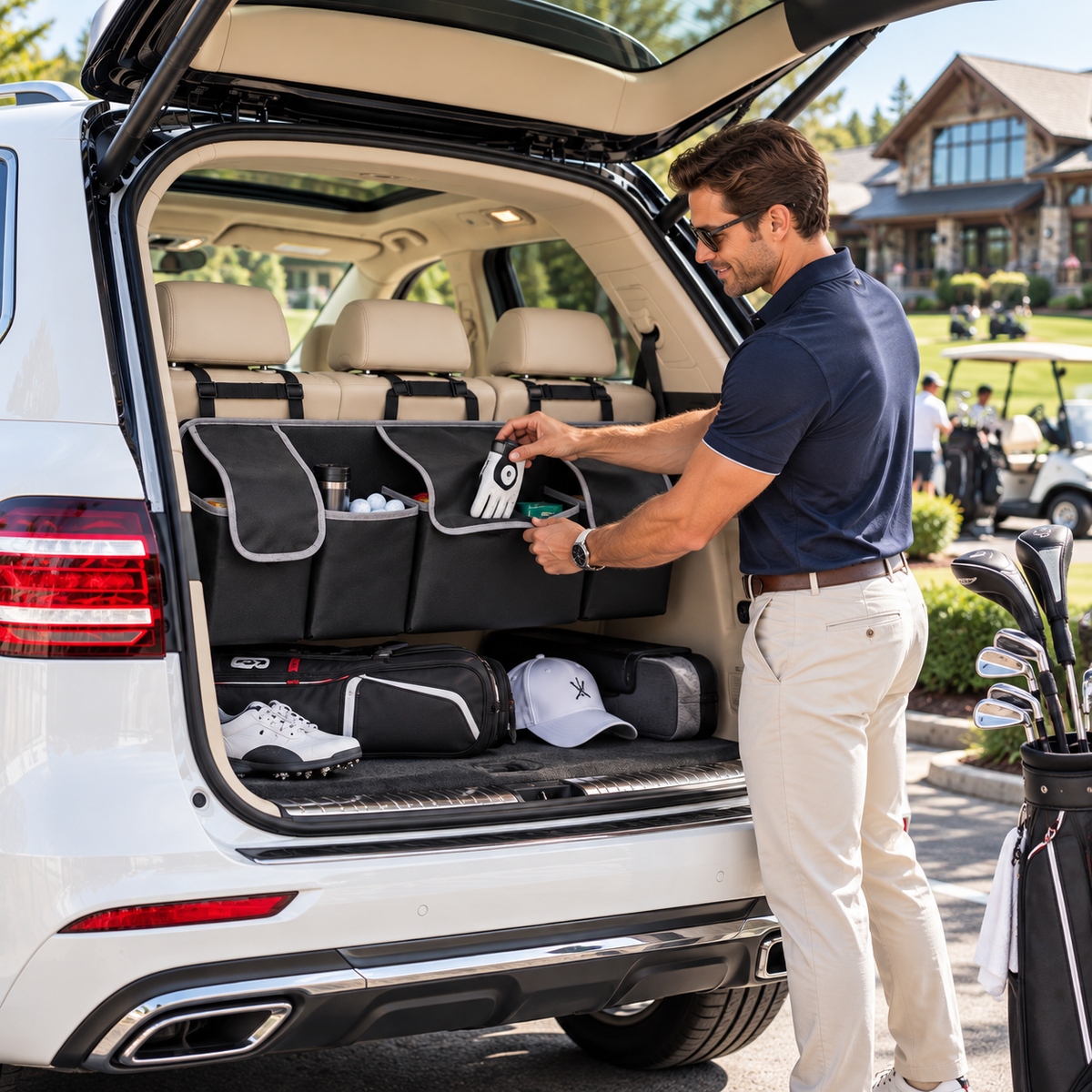 Rangement coffre voiture suspendu demi hauteur siège arrière homme range accessoires golf