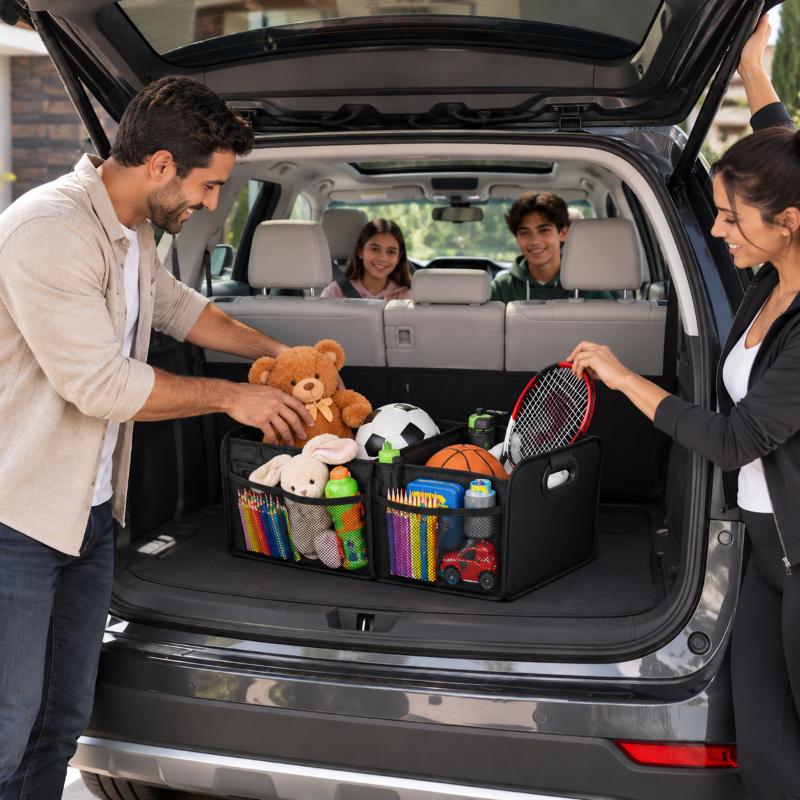 Rangement coffre voiture avec famille joyeuse papa range les jouets