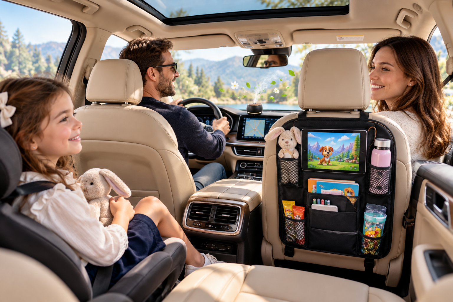 Famille heurseuse en SUV confortable en trajet  vers la campagne