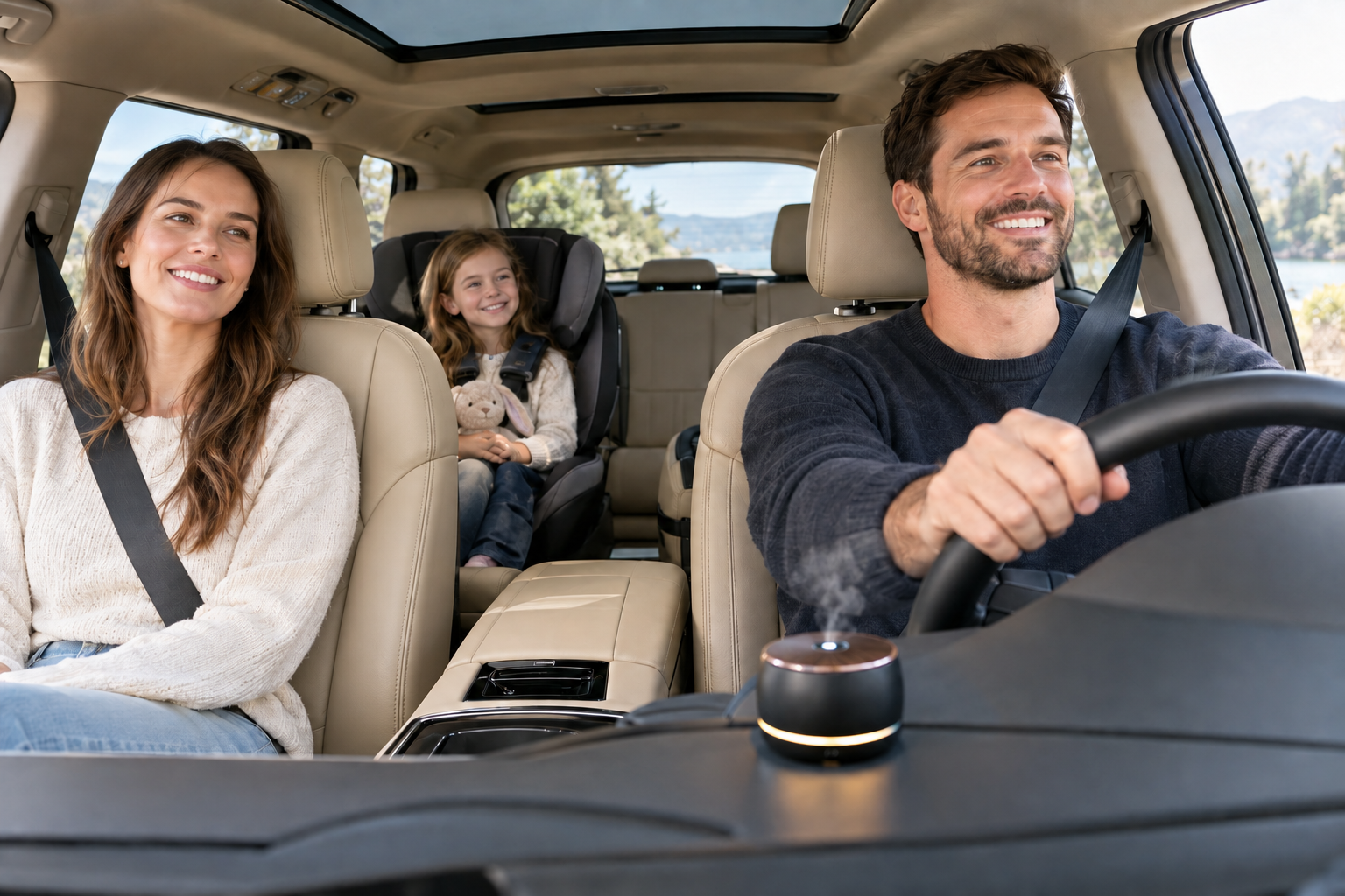 Famille heureuse dans un SUV de luxe noir avec intérieur beige avec diffuseur d'huile essentielle