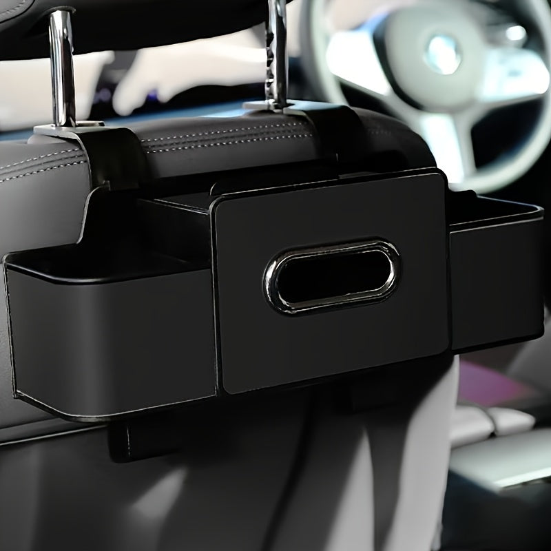 Organisateur de voiture noir avec distributeur de mouchoirs et double porte-bouteille.