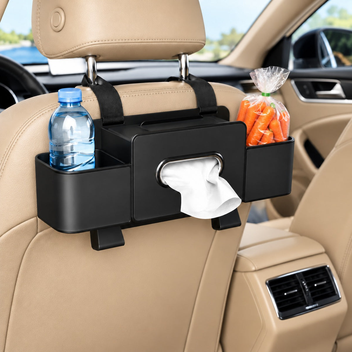 Organisateur de voiture noir, avec compartiment pour mouchoirs et deux boîtes de rangement.