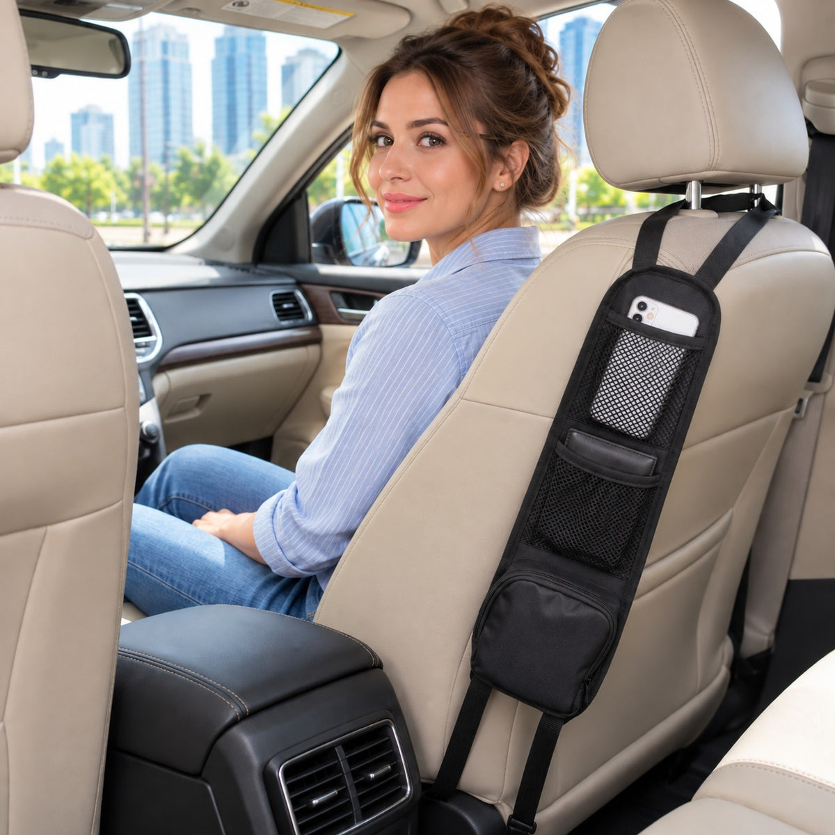 Organisateur de voiture petit et pratique pour le côté du siège avec pochette en filet.