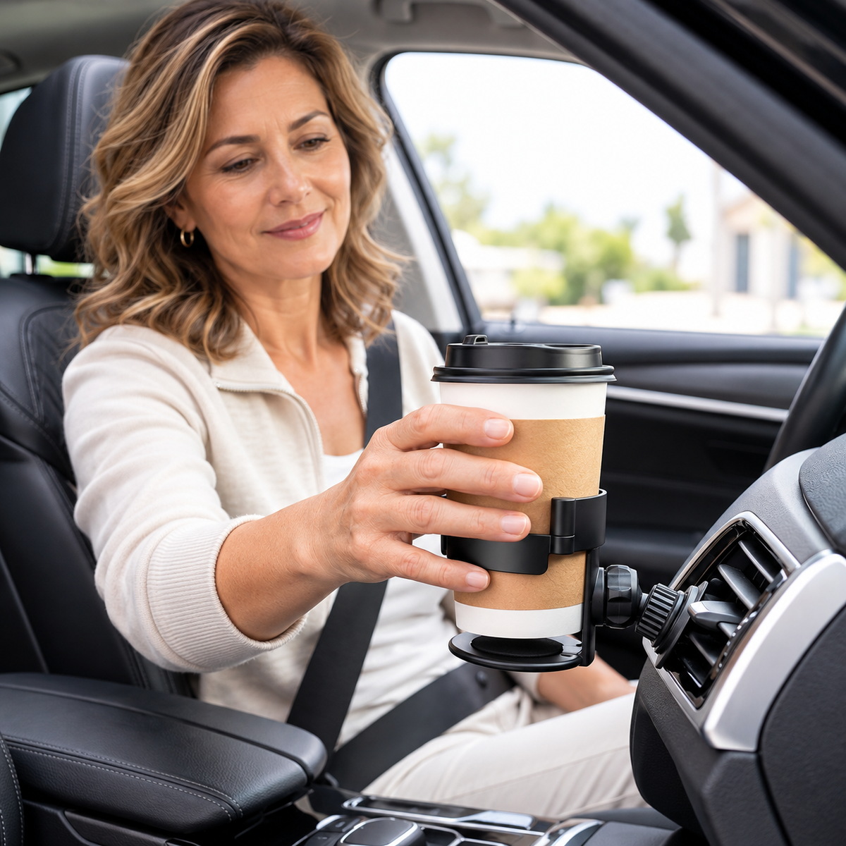 Porte gobelet voiture femme cinquantaine dépose tasse à café