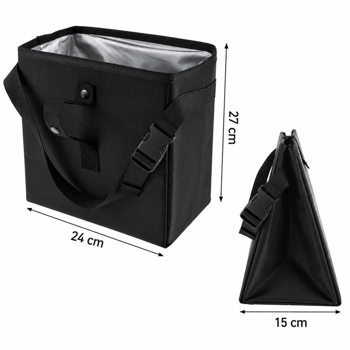 Poubelle de voiture étanche, capacité 8,5 litres et dimensions : longeur 24 cm, largeur 15 cm et hauteur 27 cm.