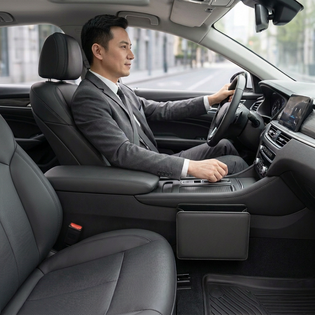 Poubelle de voiture en faux cuir noire et un homme conduit sereinement sans passager.