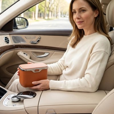 Poubelle de voiture​ rigide de couleur orange avec femme assise du côté passager.