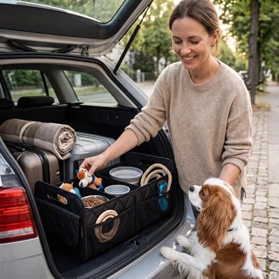 Rangement coffre voiture robuste, parfait pour organiser les jouets et bouteilles d'eau pour chien
