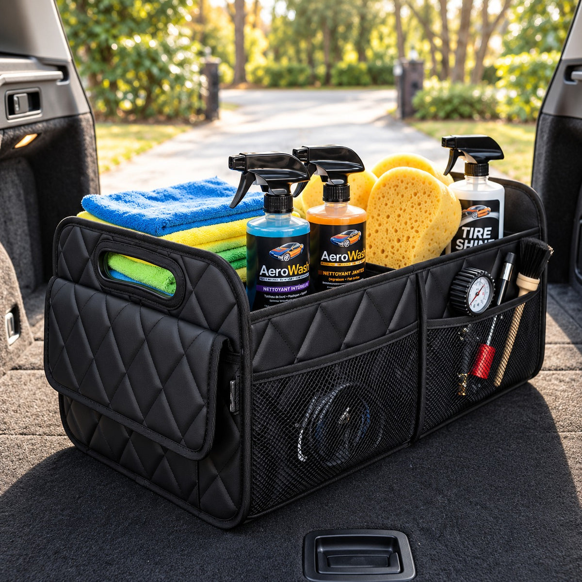 Rangement coffre voiture noir capitonné rempli d'accessoires de nettoyage pour l'entretien du véhicule