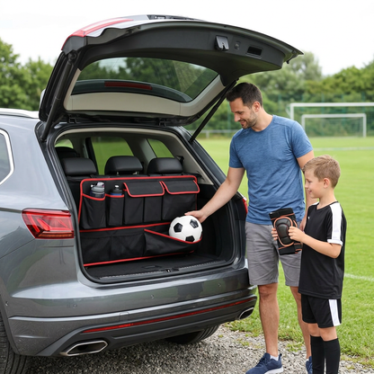 Rangement coffre voiture, un père et son garçon récupèrent leur équipement de football