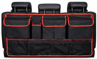 Rangement coffre voiture noir avec des coutures et bandes décoratives rouges pour un look sportif